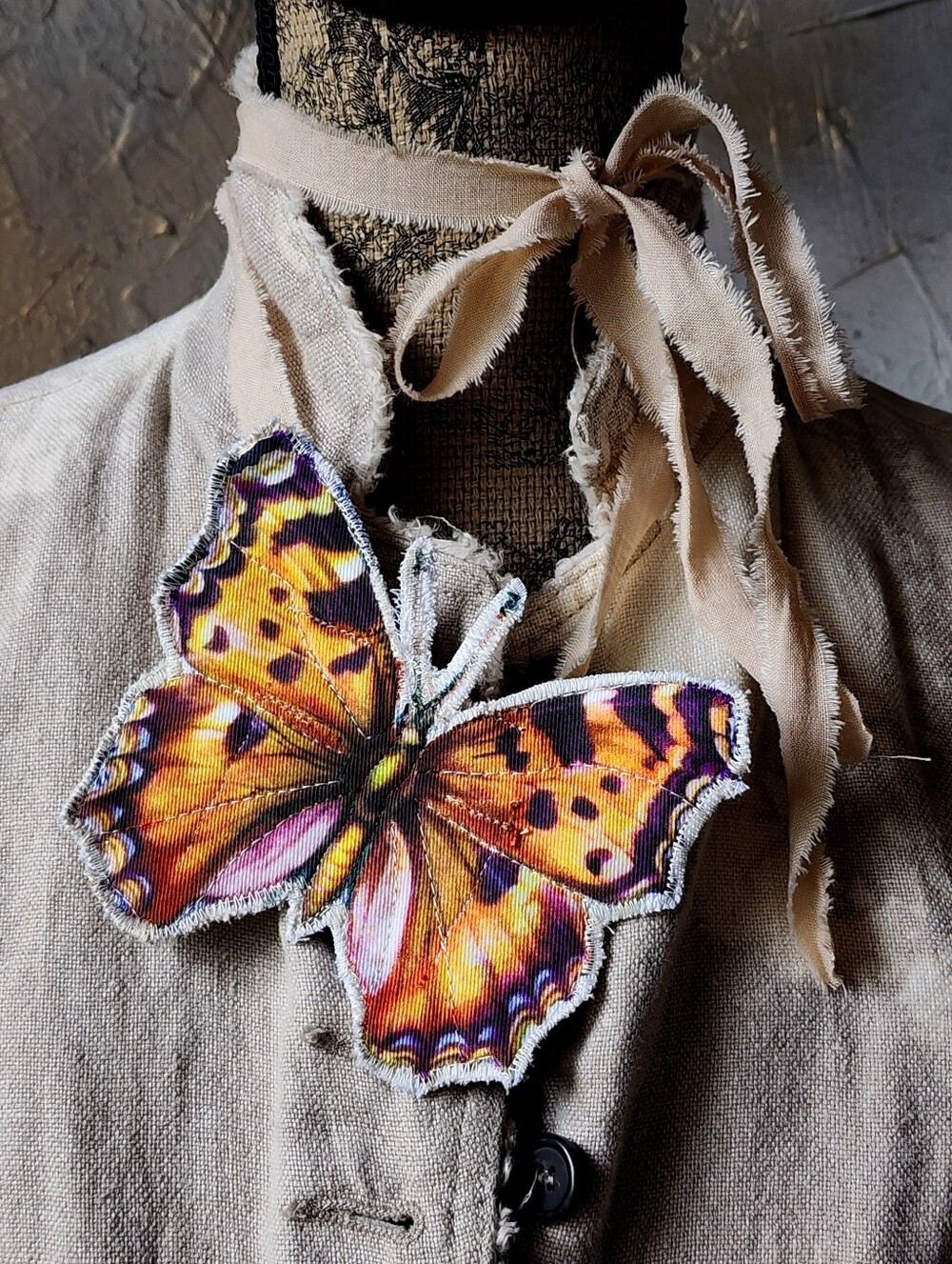 Botanical Jabot Bowtie Butterfly Necklace Belt Concept Upcycled Artisan Fabric